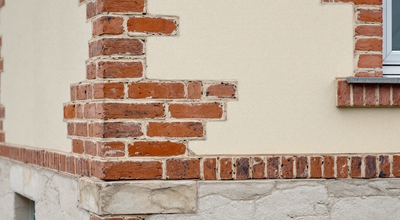 Façade normande mixte : chaînages, encadrements et bandeau de brique encadrant des panneaux d'enduit beige sable