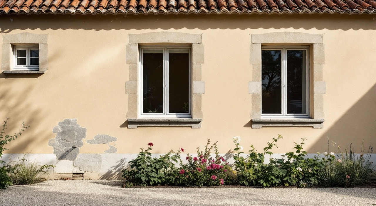 Façade enduite dans un beige sable chaud, encadrements ton pierre et rive de tuile ancienne, en lumière rasante d'après-midi