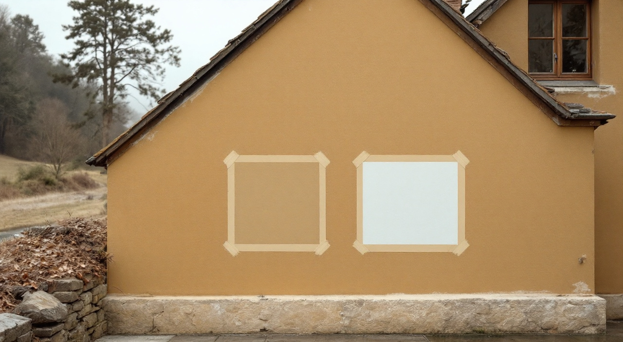 Mur enduit ocre sable à l'ombre d'un versant boisé, avec deux essais de teinte côte à côte et une feuille blanche servant de repère neutre