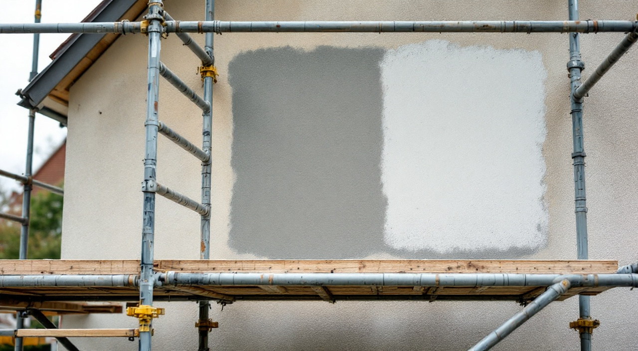 Façade en cours de ravalement derrière un échafaudage, avec une zone d'essai d'enduit encore humide à côté d'une zone sèche plus claire