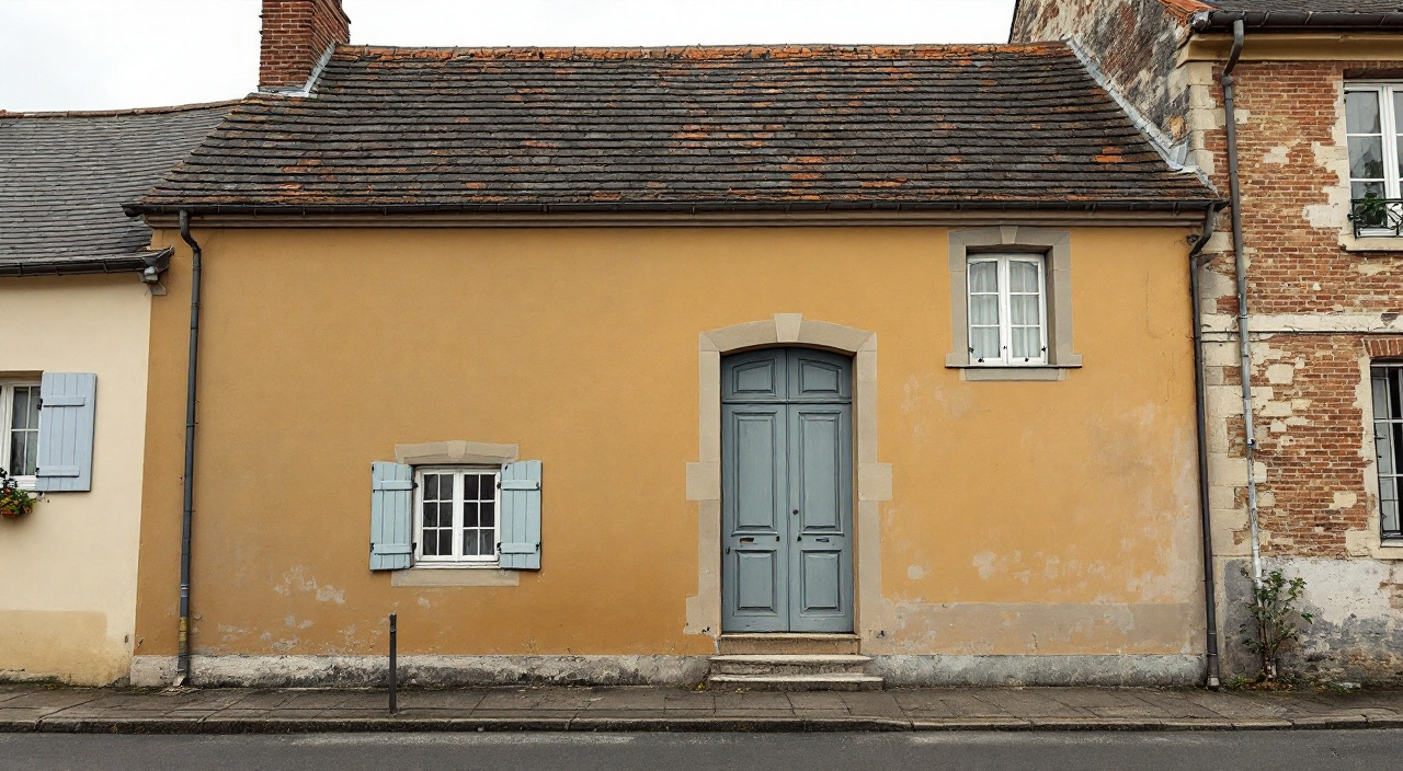 Pignon aveugle peint en trompe-l'œil avec chaînes d'angle, bandeau et fausse fenêtre