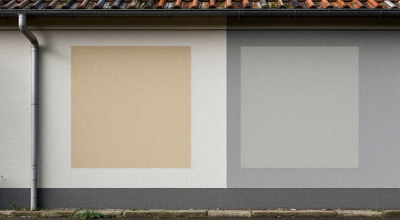 Deux essais de teinte appliqués côte à côte, séparés par une bande de mur nu, sur une façade en enduit gratté.
