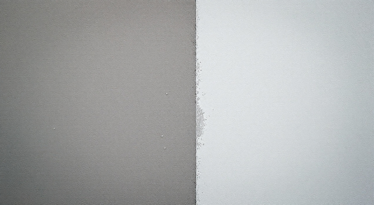 Mur de façade enduit, moitié gauche traitée par un hydrofuge incolore et plus foncée, moitié droite non traitée et mate