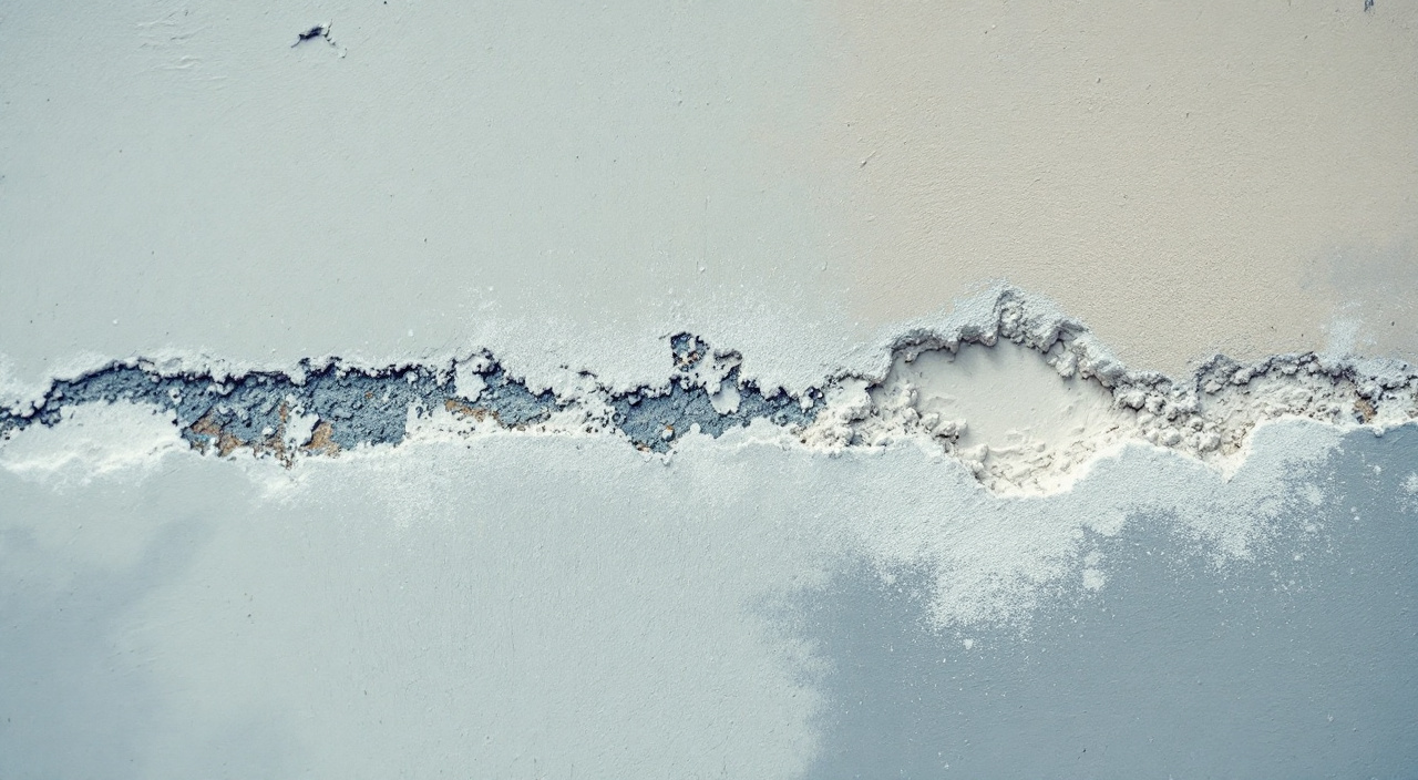 Zone frottée sur un mur farinant, révélant une teinte plus soutenue que la surface environnante