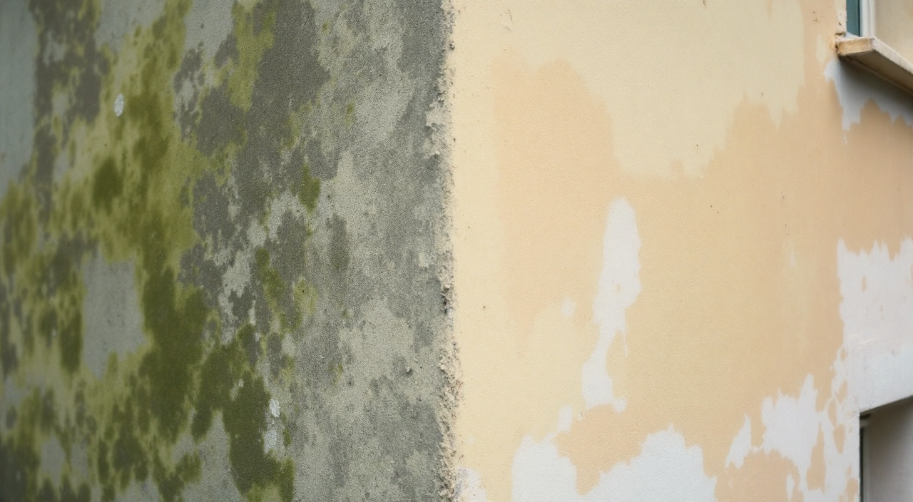 Angle de maison où les deux façades portent des salissures différentes