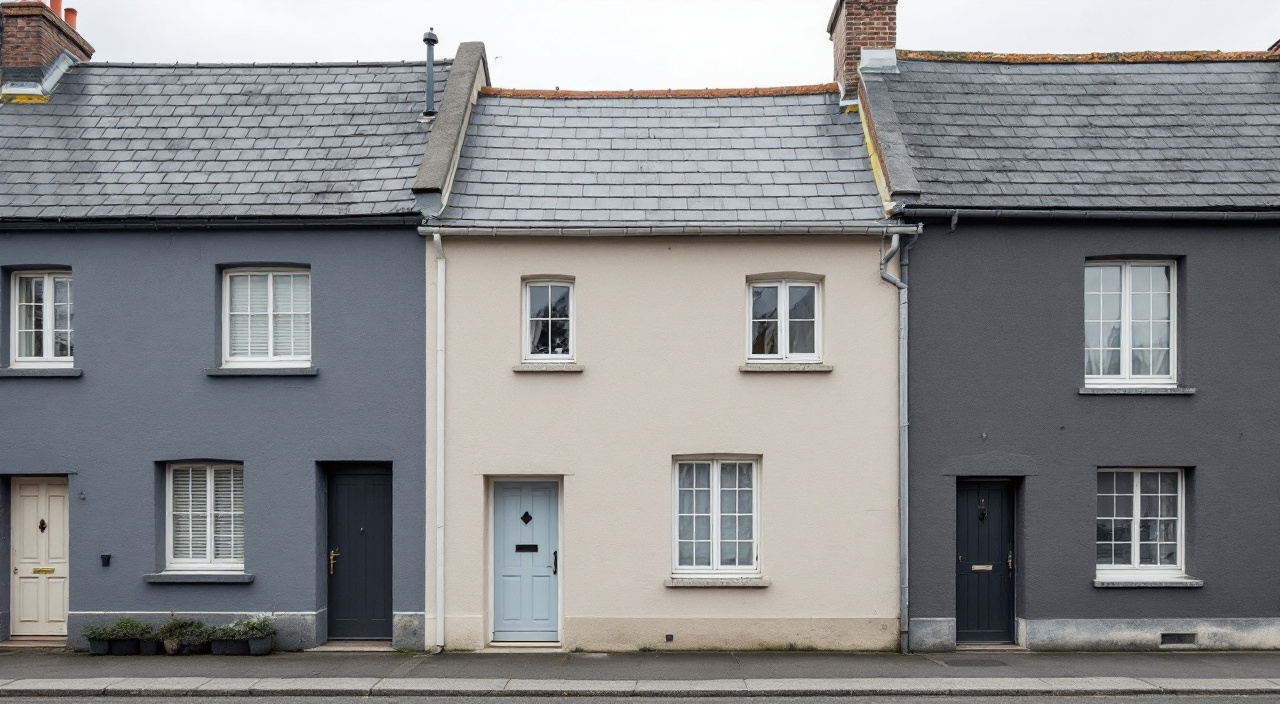 Trois façades mitoyennes enduites dans trois gris différents : un gris bleuté froid, un greige chaud, un gris ardoise soutenu
