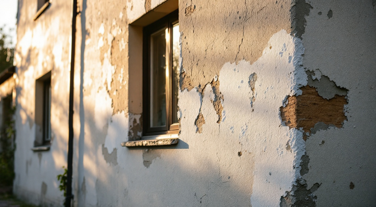 Façade enduite prise sous une lumière rasante de fin de journée, qui fait ressortir reprises et fissures