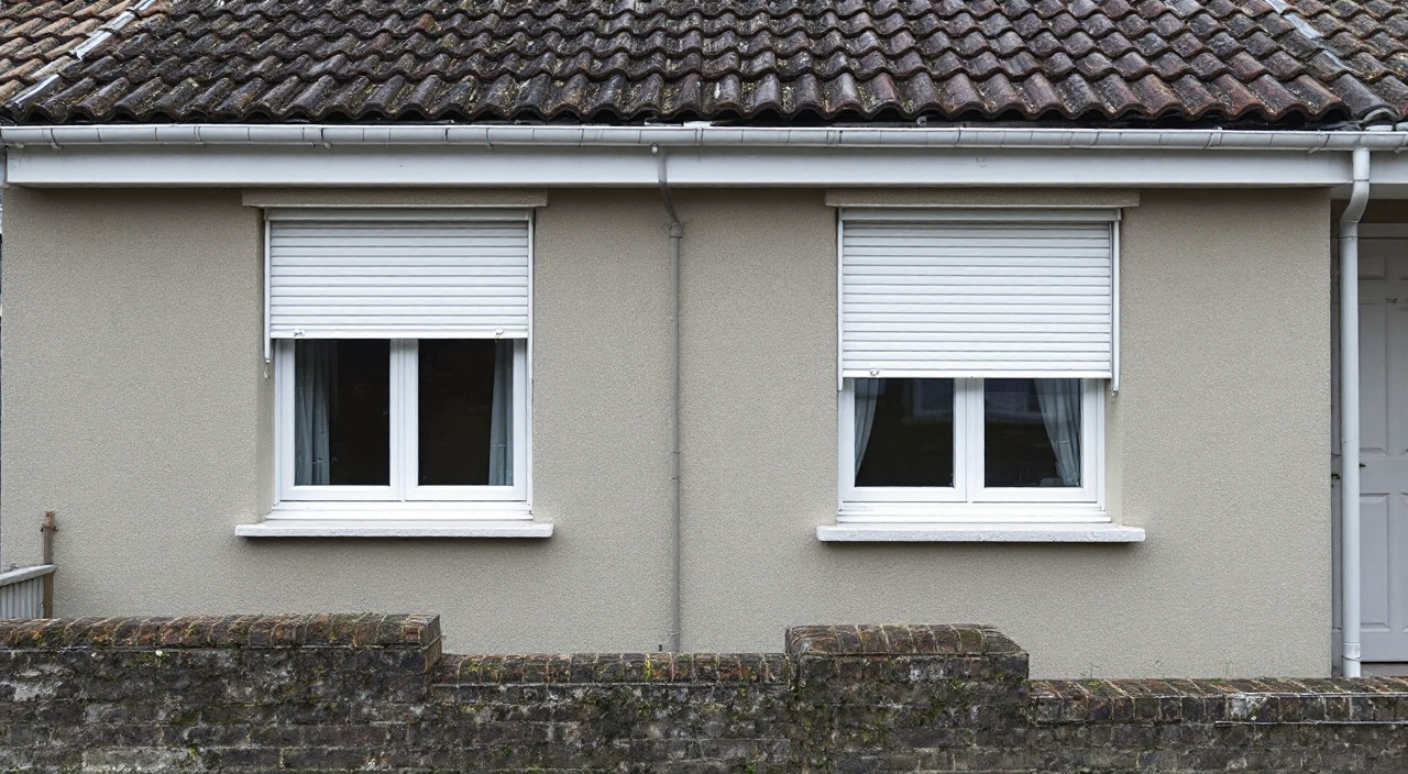 Façade enduite dans un gris moyen chaud avec des menuiseries blanches nettement détachées