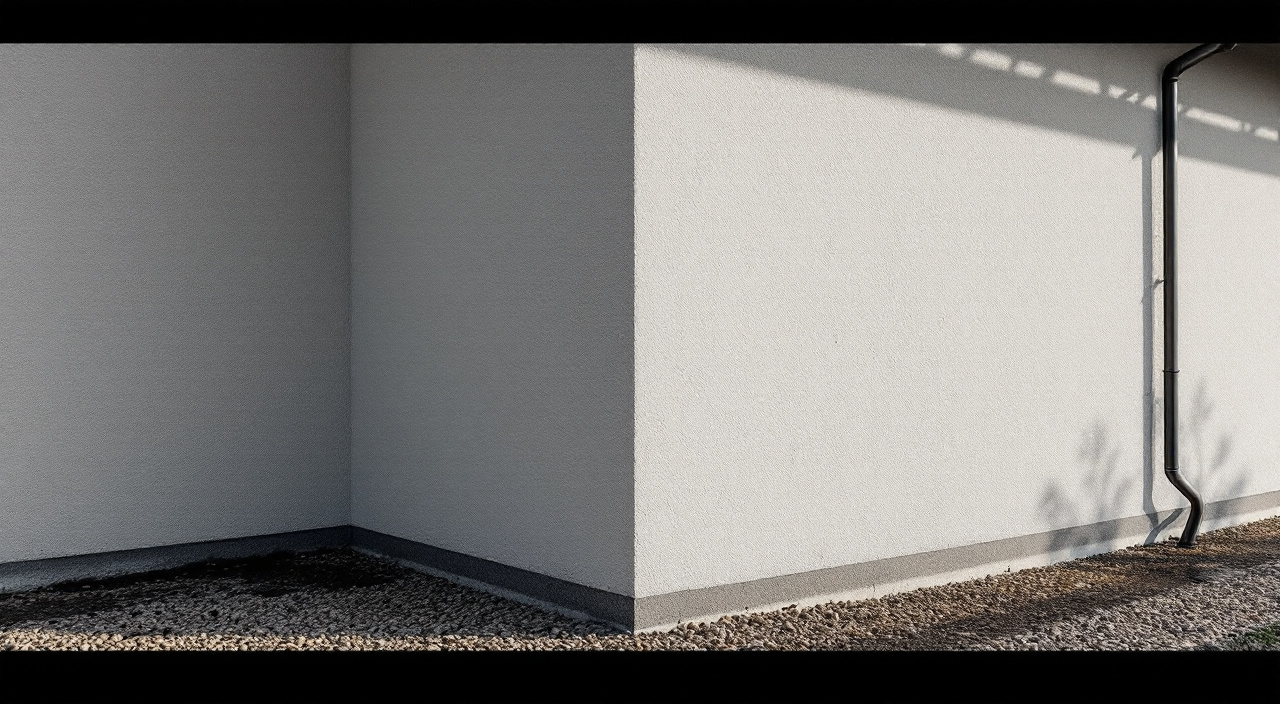 Un essai de teinte gris chaud posé à cheval sur l'angle d'une maison, le mur de gauche à l'ombre et le mur de droite en lumière rasante.