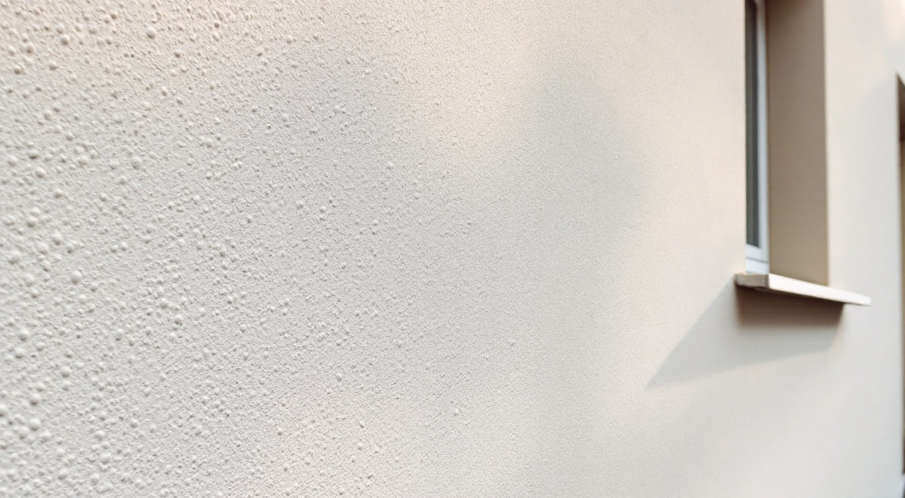 Angle de façade où se rejoignent un enduit projeté au grain régulier et un enduit appliqué à la main aux traces de platoir, sous une lumière rasante.