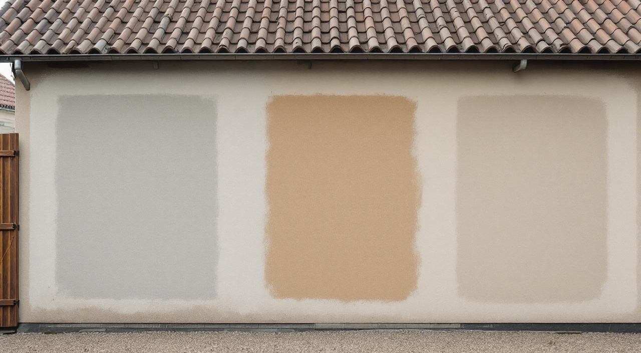 Trois essais de teintes d'enduit appliqués côte à côte sur une façade avant le choix définitif
