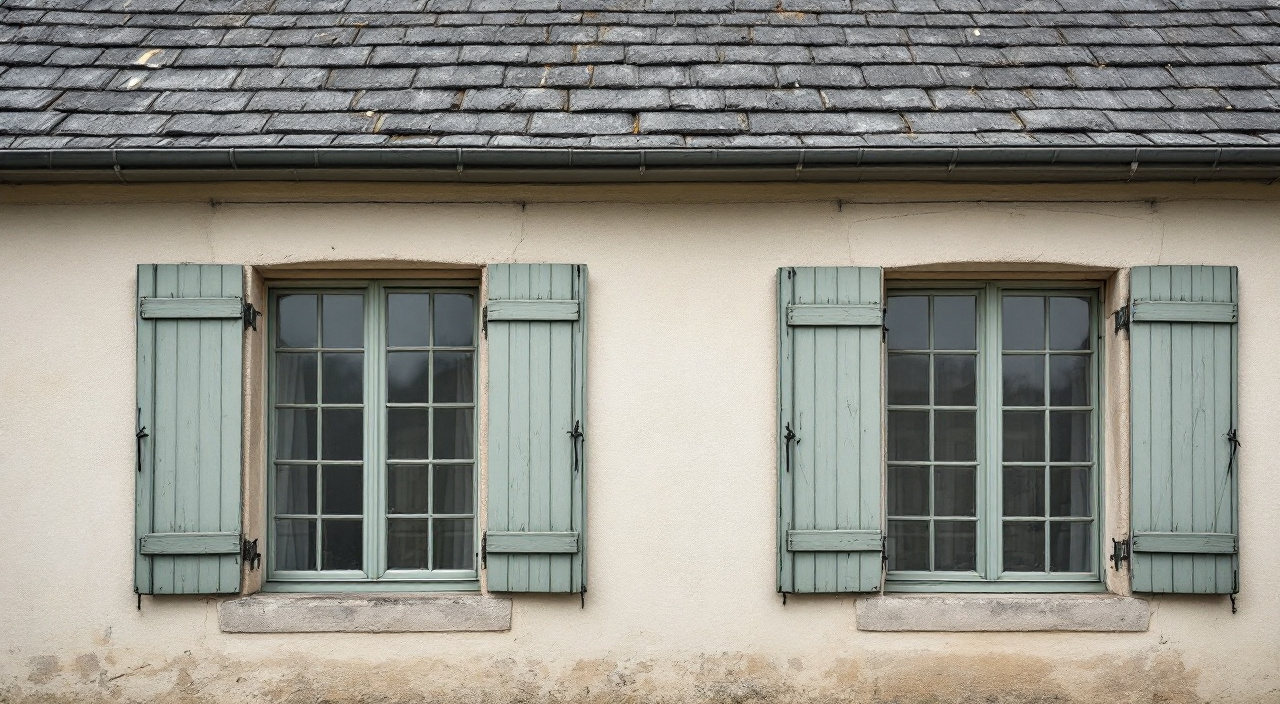 Volets en bois repeints vert-de-gris sur une façade en enduit beige légèrement terni