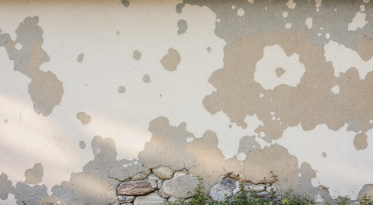 Mur enduit séchant de façon irrégulière, des plaques plus claires dessinant d'anciennes reprises