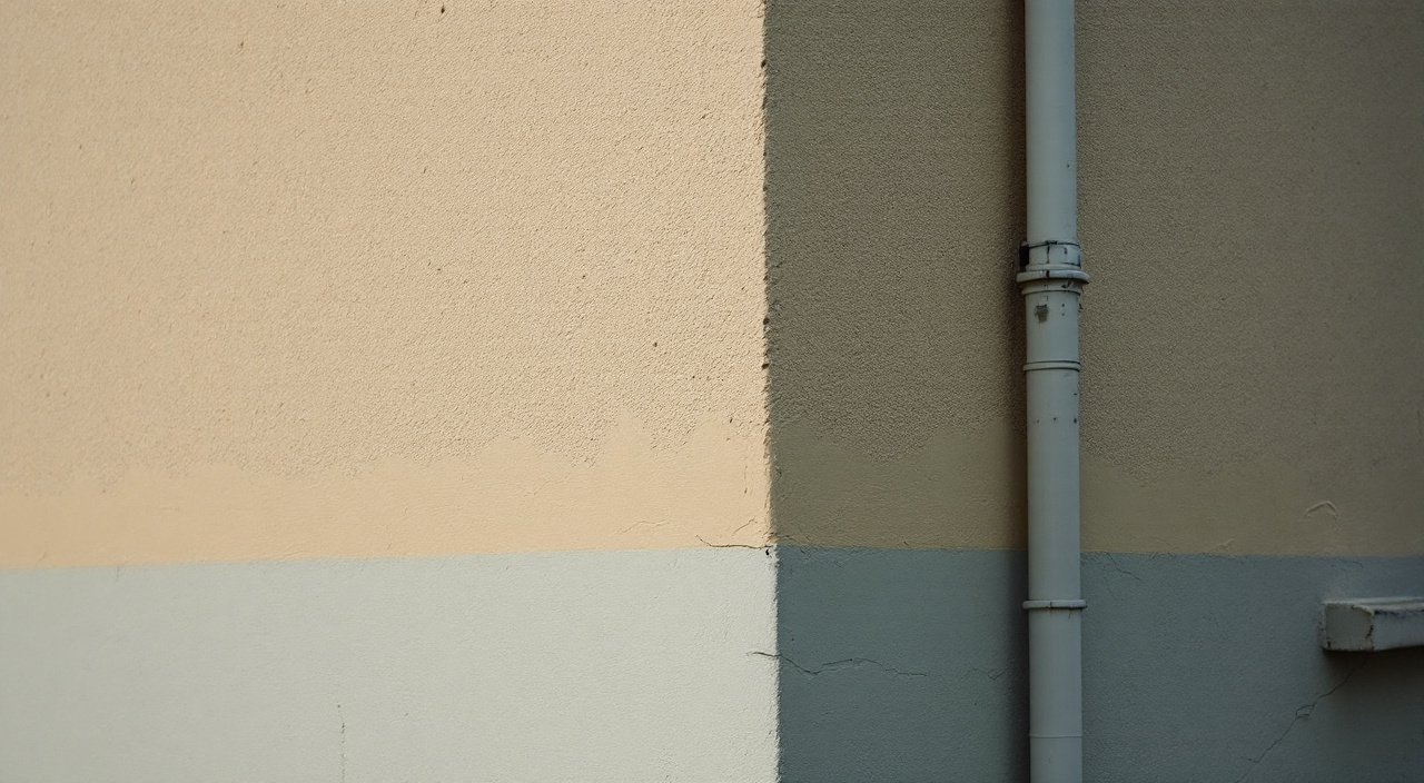 Angle d'une maison où la façade exposée au sud, décolorée, rencontre une façade plus foncée restée à l'abri