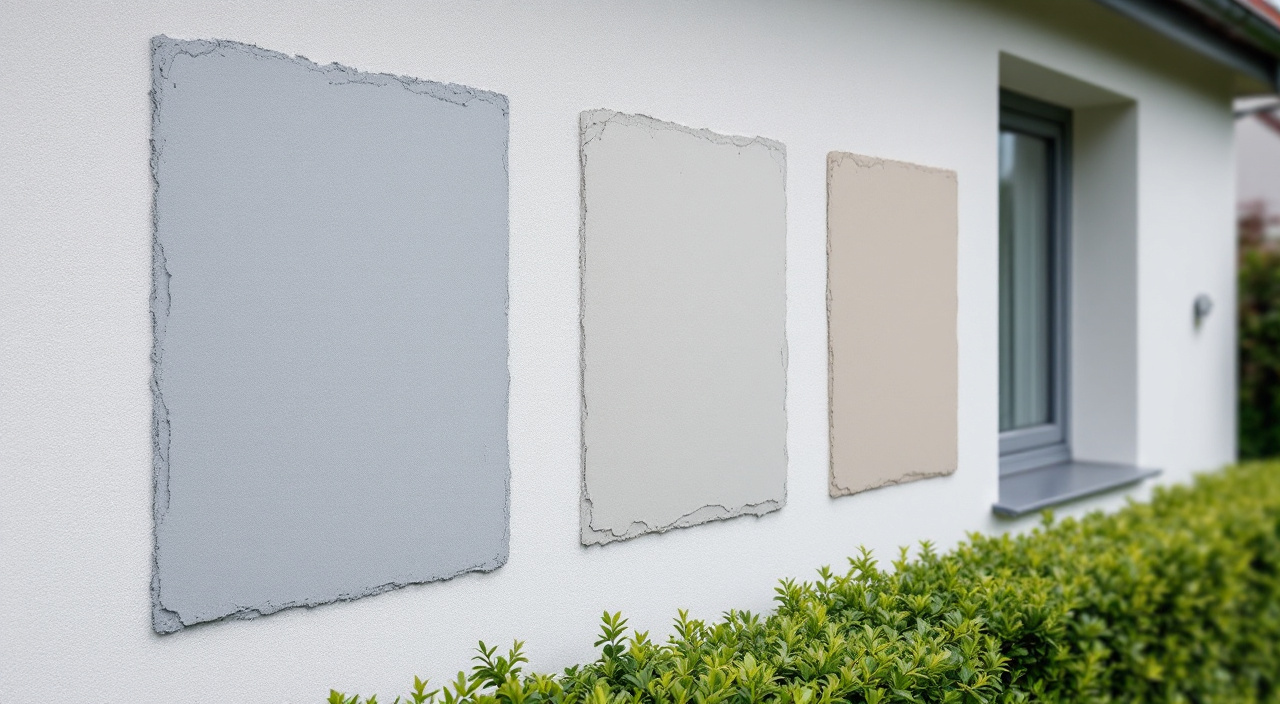 Trois plaques d'essai de gris presque identiques posées côte à côte sur un mur enduit, près d'une menuiserie anthracite