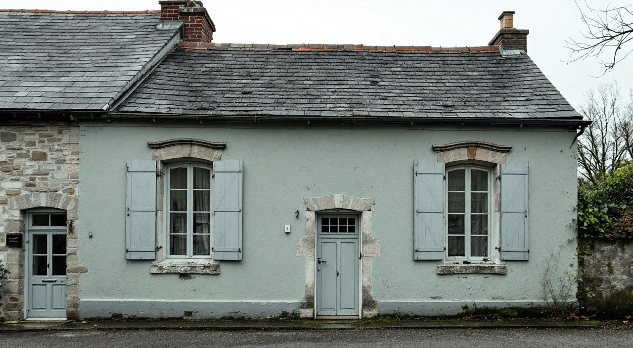 Façade enduite d'un vert grisé sous une toiture d'ardoise, volets bois bleu-gris, par temps couvert